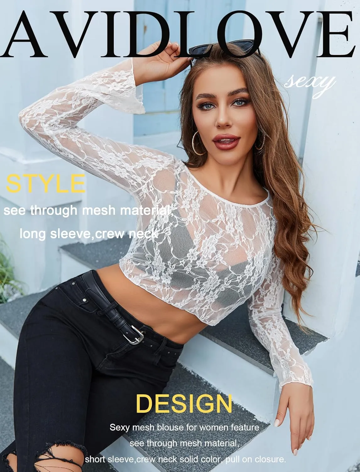 Avidlove Mesh Top Women Long Sleeve Crew Neck Sheer Blouse See Through Floral Lace Tops