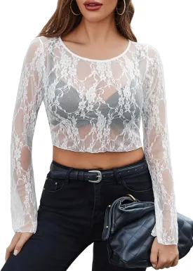 Avidlove Mesh Top Women Long Sleeve Crew Neck Sheer Blouse See Through Floral Lace Tops