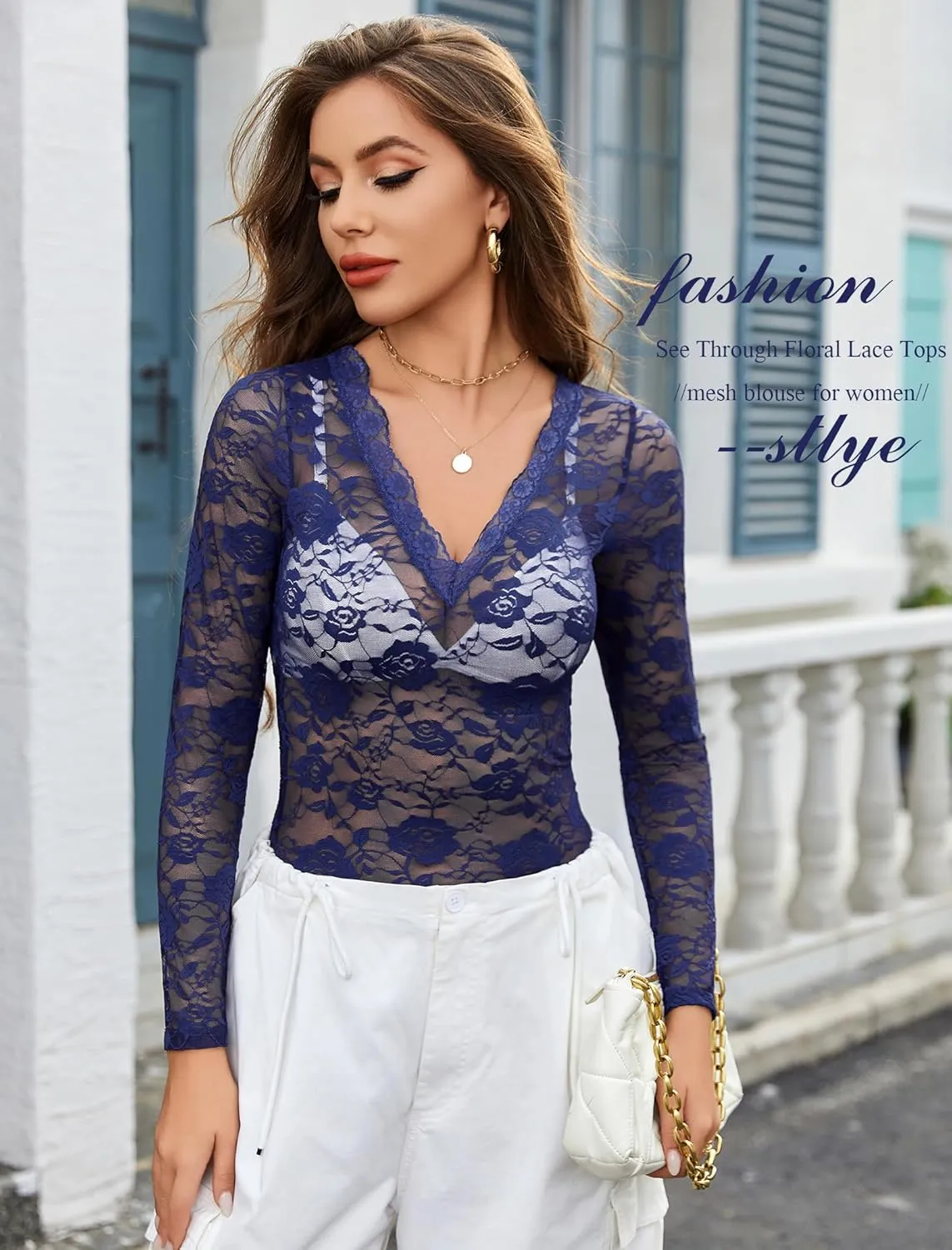 Avidlove Mesh Tops for Women Sheer Long Sleeve Tops V Neck Lace Blouses Under Shirts Floral Lace Tee Shirt S-XXL