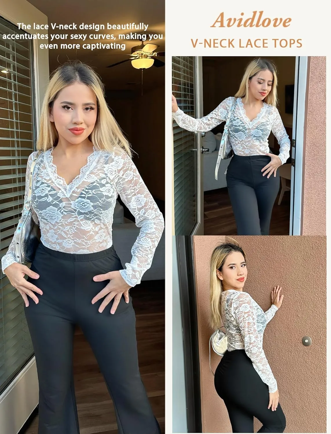 Avidlove Mesh Tops for Women Sheer Long Sleeve Tops V Neck Lace Blouses Under Shirts Floral Lace Tee Shirt S-XXL