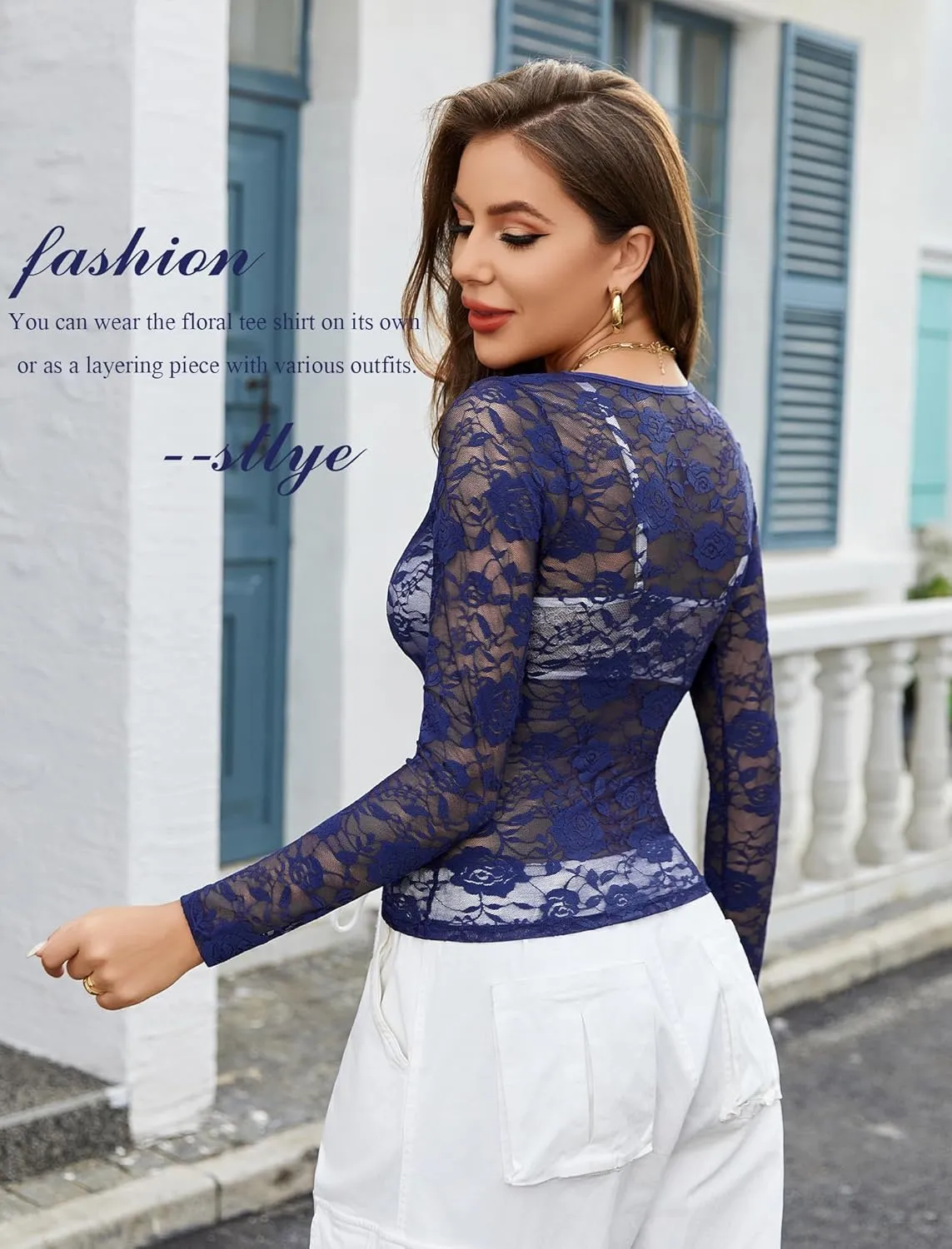 Avidlove Mesh Tops for Women Sheer Long Sleeve Tops V Neck Lace Blouses Under Shirts Floral Lace Tee Shirt S-XXL