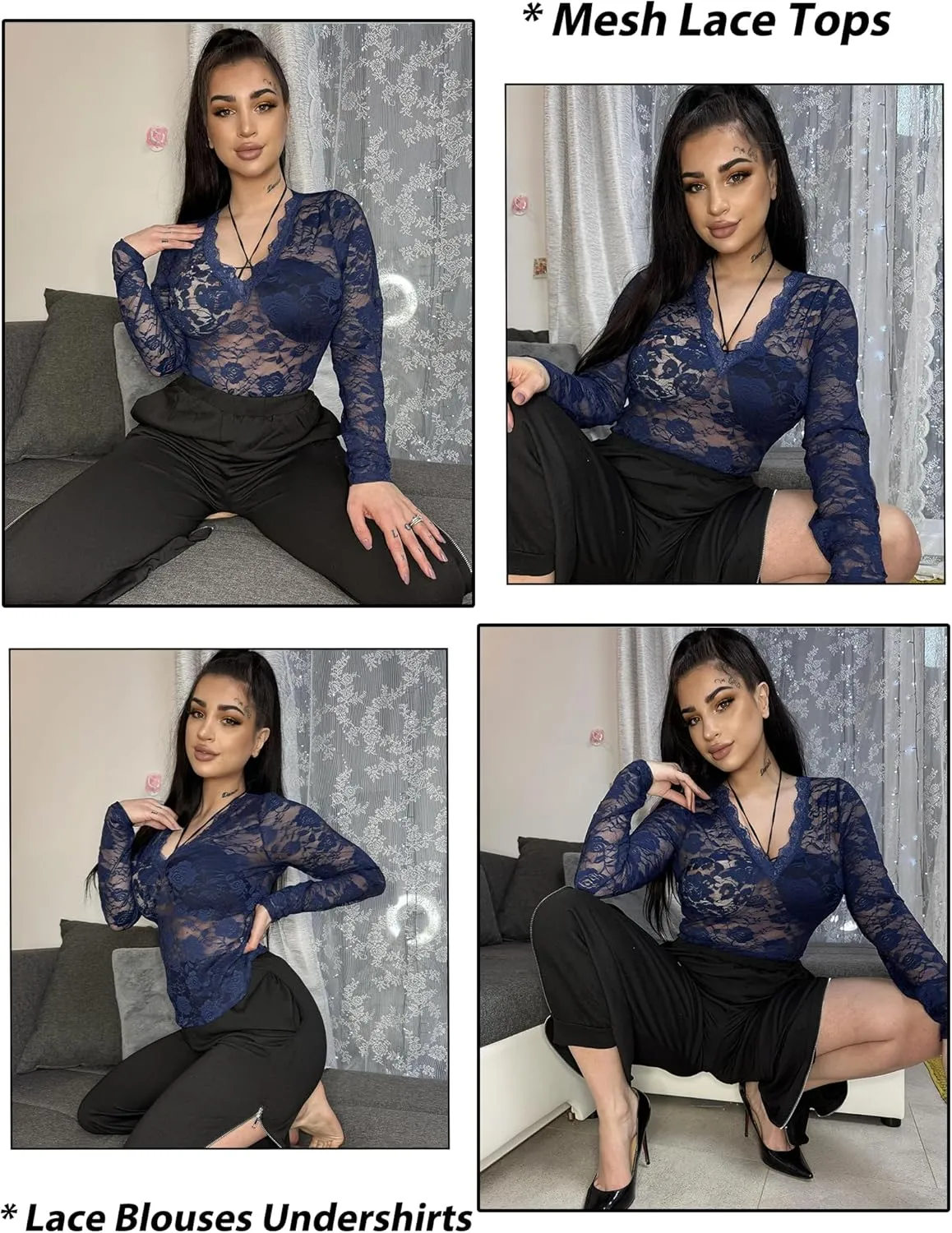 Avidlove Mesh Tops for Women Sheer Long Sleeve Tops V Neck Lace Blouses Under Shirts Floral Lace Tee Shirt S-XXL