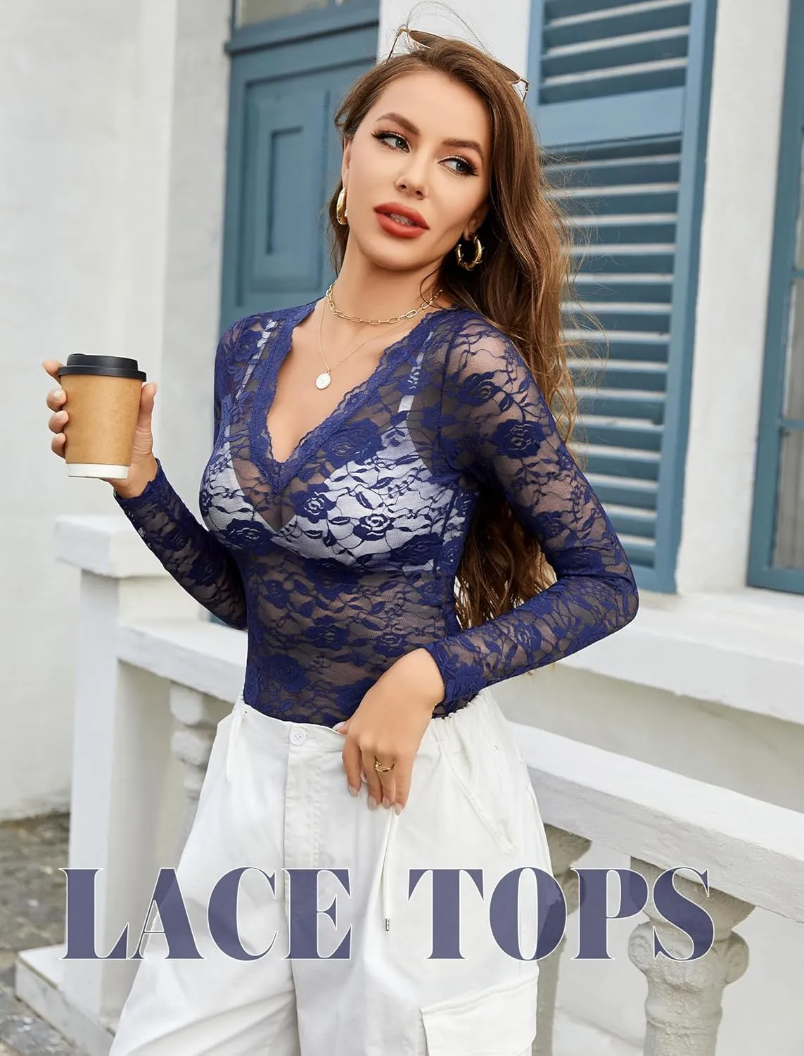 Avidlove Mesh Tops for Women Sheer Long Sleeve Tops V Neck Lace Blouses Under Shirts Floral Lace Tee Shirt S-XXL