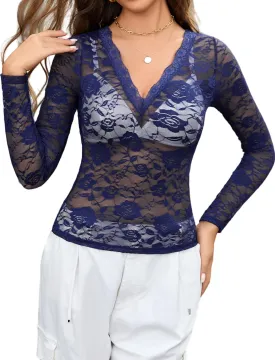 Avidlove Mesh Tops for Women Sheer Long Sleeve Tops V Neck Lace Blouses Under Shirts Floral Lace Tee Shirt S-XXL