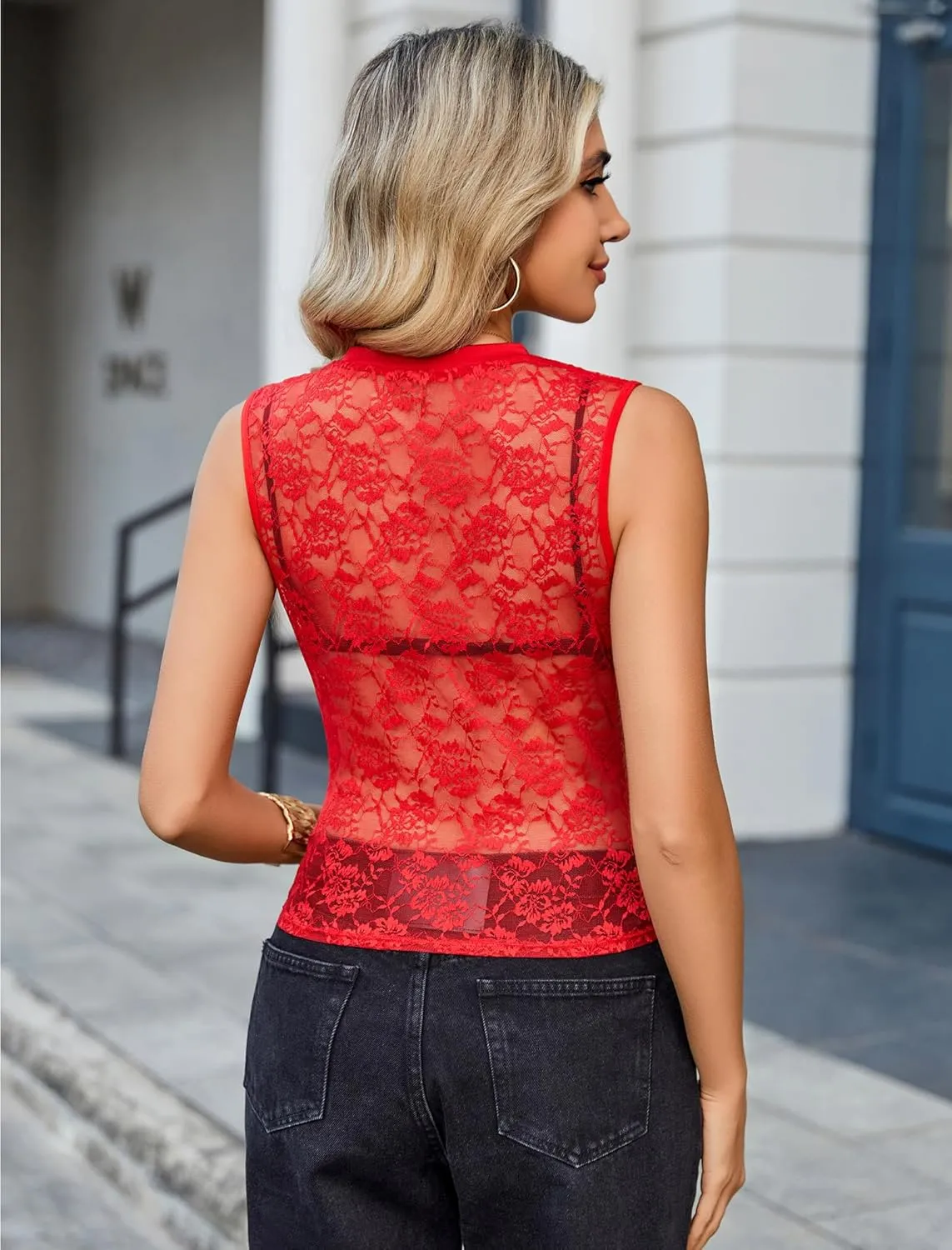 Avidlove Sexy Lace Top for Women Sleeveless Mesh Sheer Tops Mock Neck Lace Floral See Through Tank Blouses Shirts