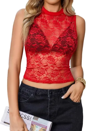 Avidlove Sexy Lace Top for Women Sleeveless Mesh Sheer Tops Mock Neck Lace Floral See Through Tank Blouses Shirts