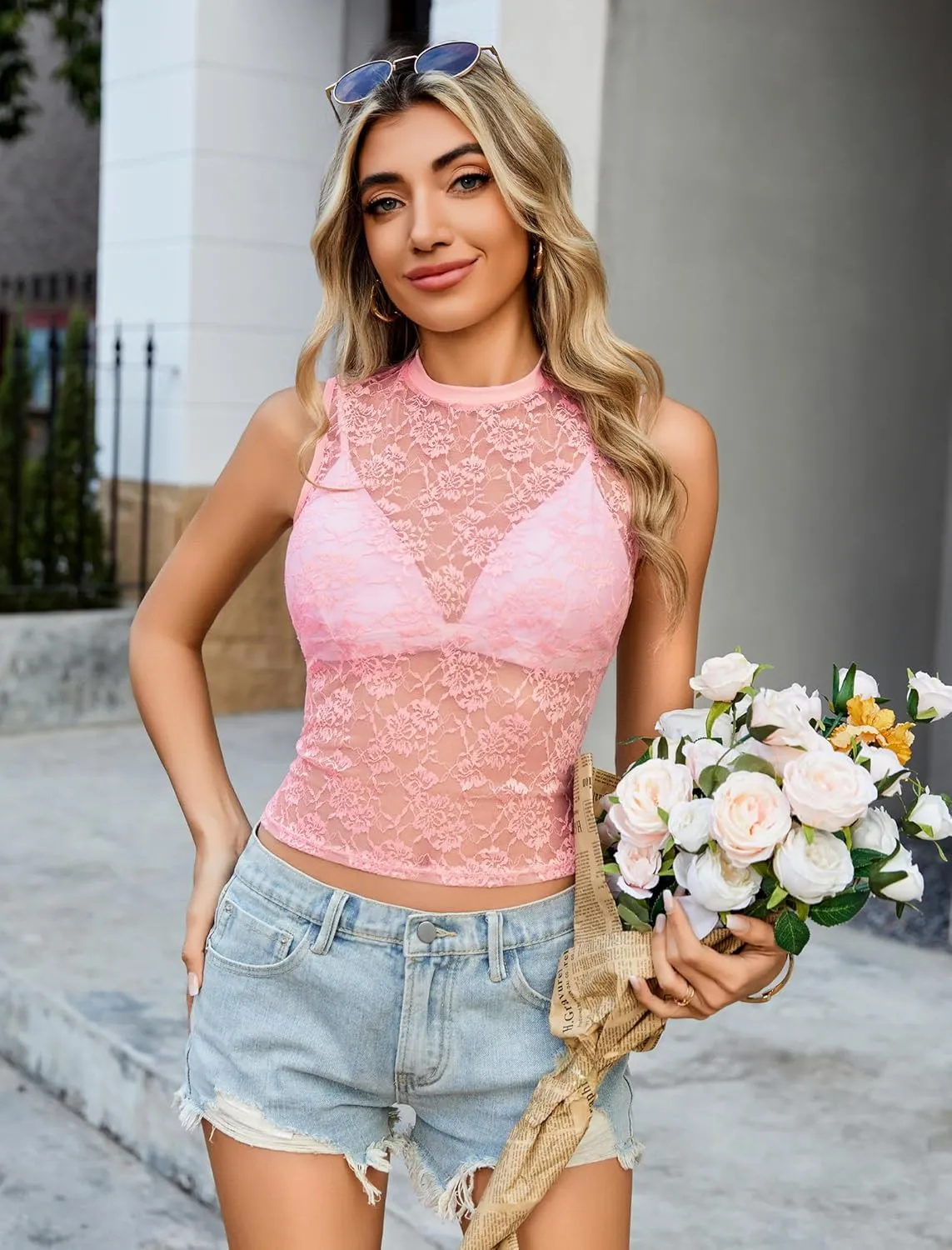 Avidlove Sexy Lace Top for Women Sleeveless Mesh Sheer Tops Mock Neck Lace Floral See Through Tank Blouses Shirts