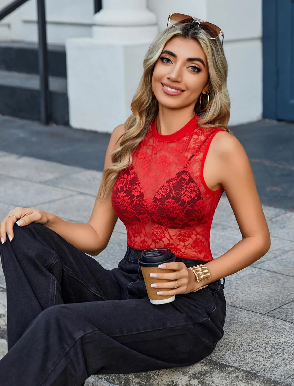 Avidlove Sexy Lace Top for Women Sleeveless Mesh Sheer Tops Mock Neck Lace Floral See Through Tank Blouses Shirts