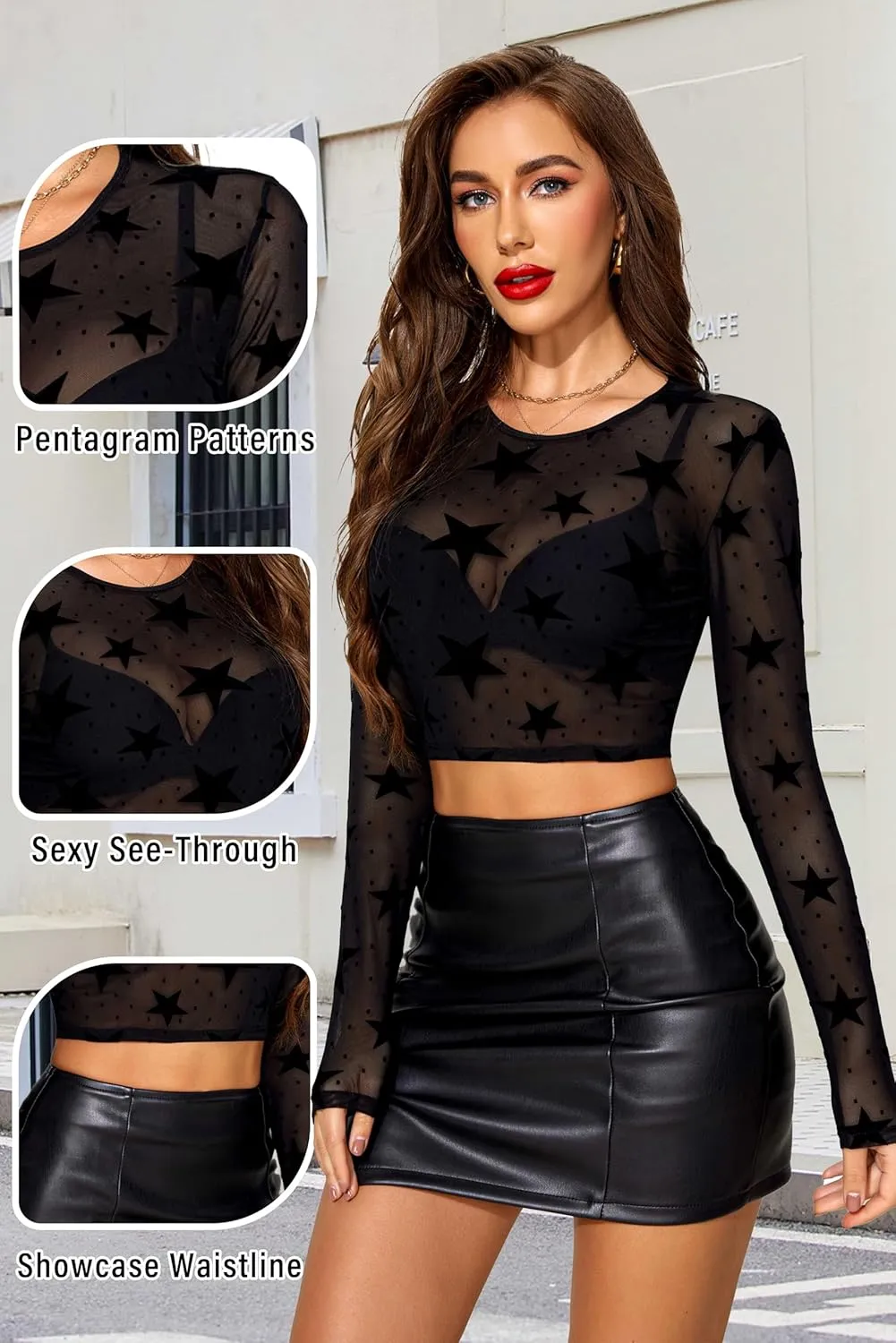 Avidlove Women Mesh Crop Top Long Sleeve See Through Shirt Sheer Blouse O Neck Clubwear S-4XL