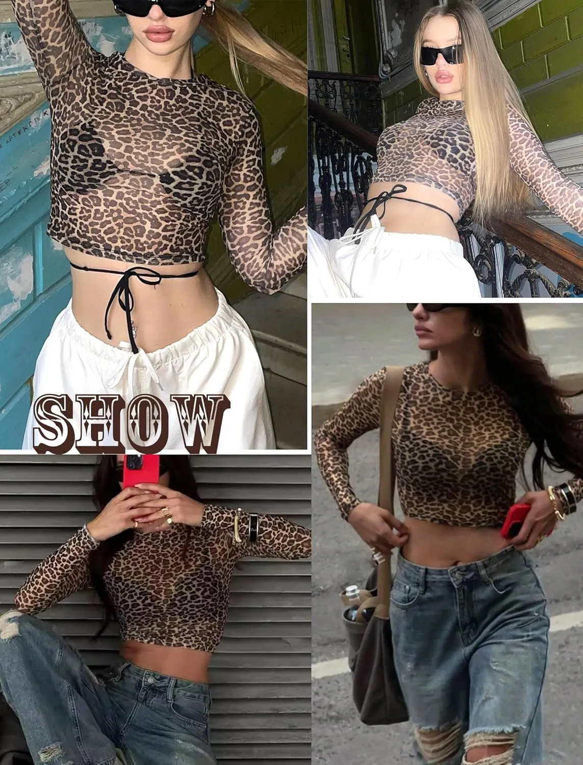Avidlove Women Mesh Crop Top Long Sleeve See Through Shirt Sheer Blouse O Neck Clubwear S-4XL