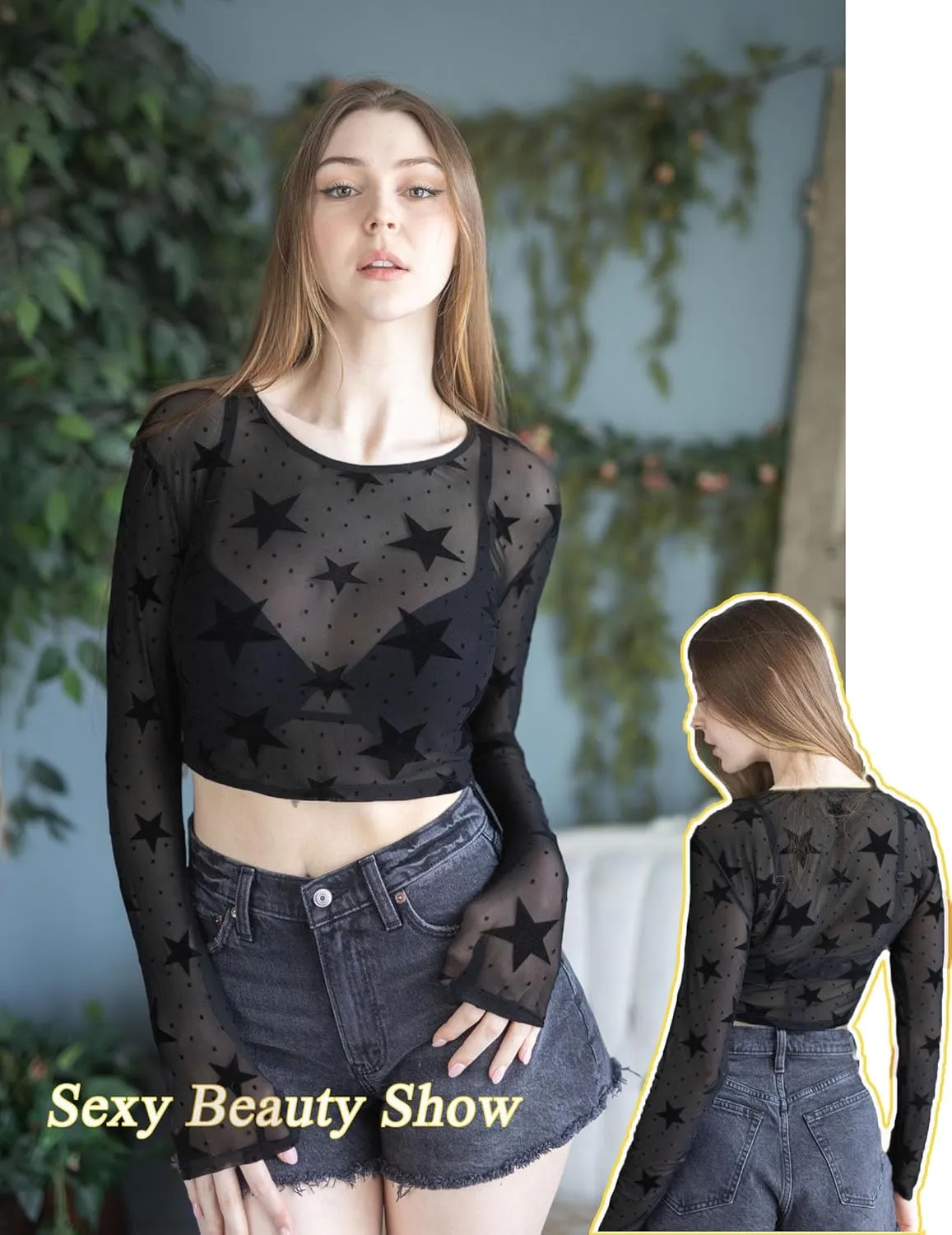 Avidlove Women Mesh Crop Top Long Sleeve See Through Shirt Sheer Blouse O Neck Clubwear S-4XL