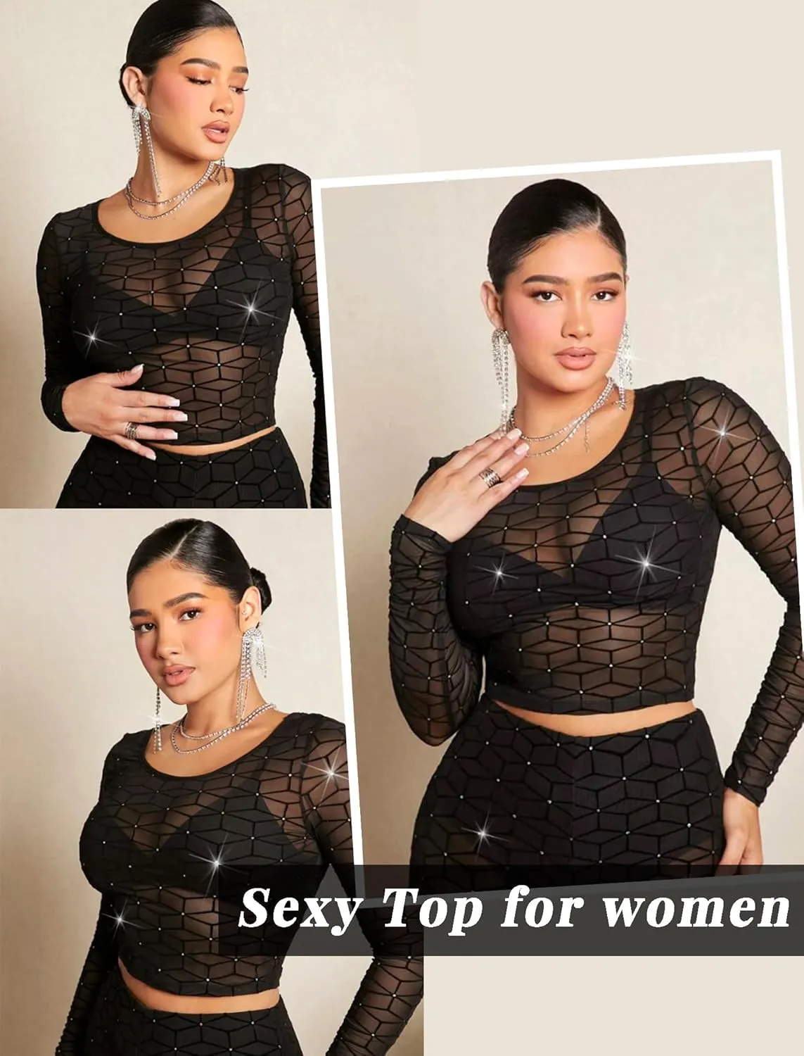 Avidlove Women Mesh Crop Top Long Sleeve See Through Shirt Sheer Blouse O Neck Clubwear S-4XL