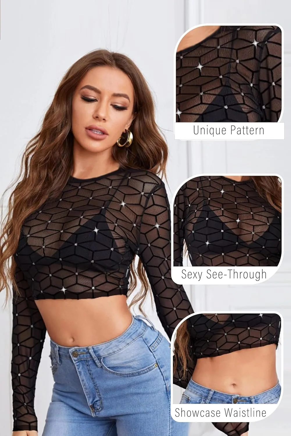 Avidlove Women Mesh Crop Top Long Sleeve See Through Shirt Sheer Blouse O Neck Clubwear S-4XL