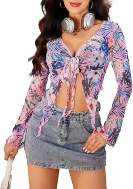 Avidlove Women Mesh Crop Top Y2K Tie Front Tops Rave Top Sheer Cardigan Sexy V Neck Outfits S-2XL