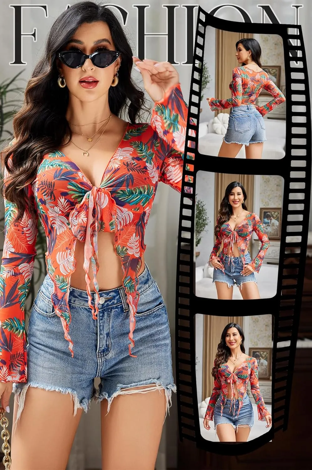 Avidlove Women Mesh Crop Top Y2K Tie Front Tops Rave Top Sheer Cardigan Sexy V Neck Outfits S-2XL