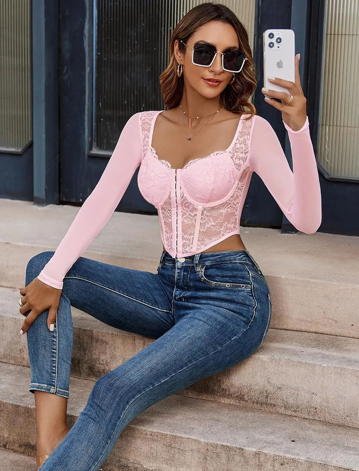 Avidlove Women Mesh Top Lace Crop Top Long Sleeve Sheer Blouse Y2K Mesh Shirts Sexy Going Out Tops Summer Outfits 2025