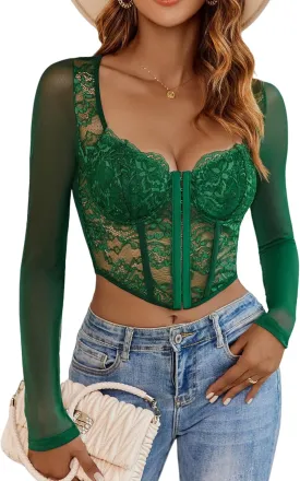 Avidlove Women Mesh Top Lace Crop Top Long Sleeve Sheer Blouse Y2K Mesh Shirts Sexy Going Out Tops Summer Outfits 2025