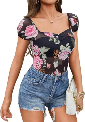 Avidlove Women Sheer Short Sleeve Tops Mesh See Through Shirts Party Club Night Blouse