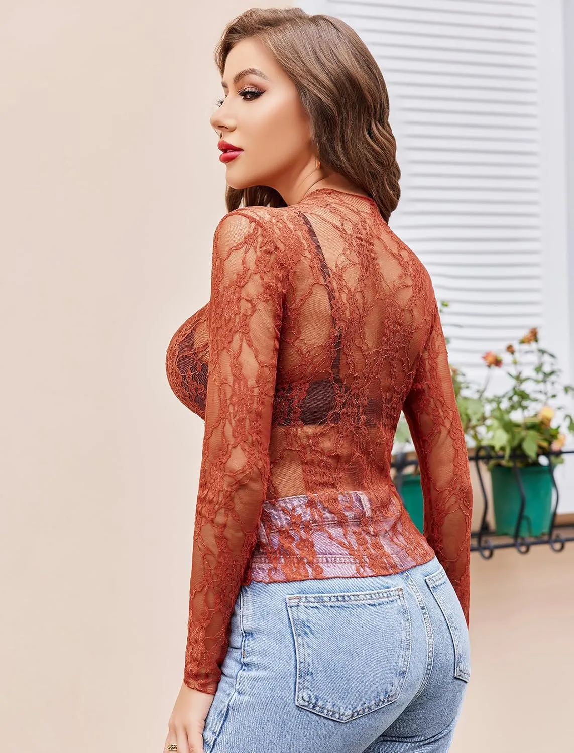 Avidlove Women's Mesh Top Long Sleeve Mock Neck Sheer Blouse See Through Floral Lace Tops