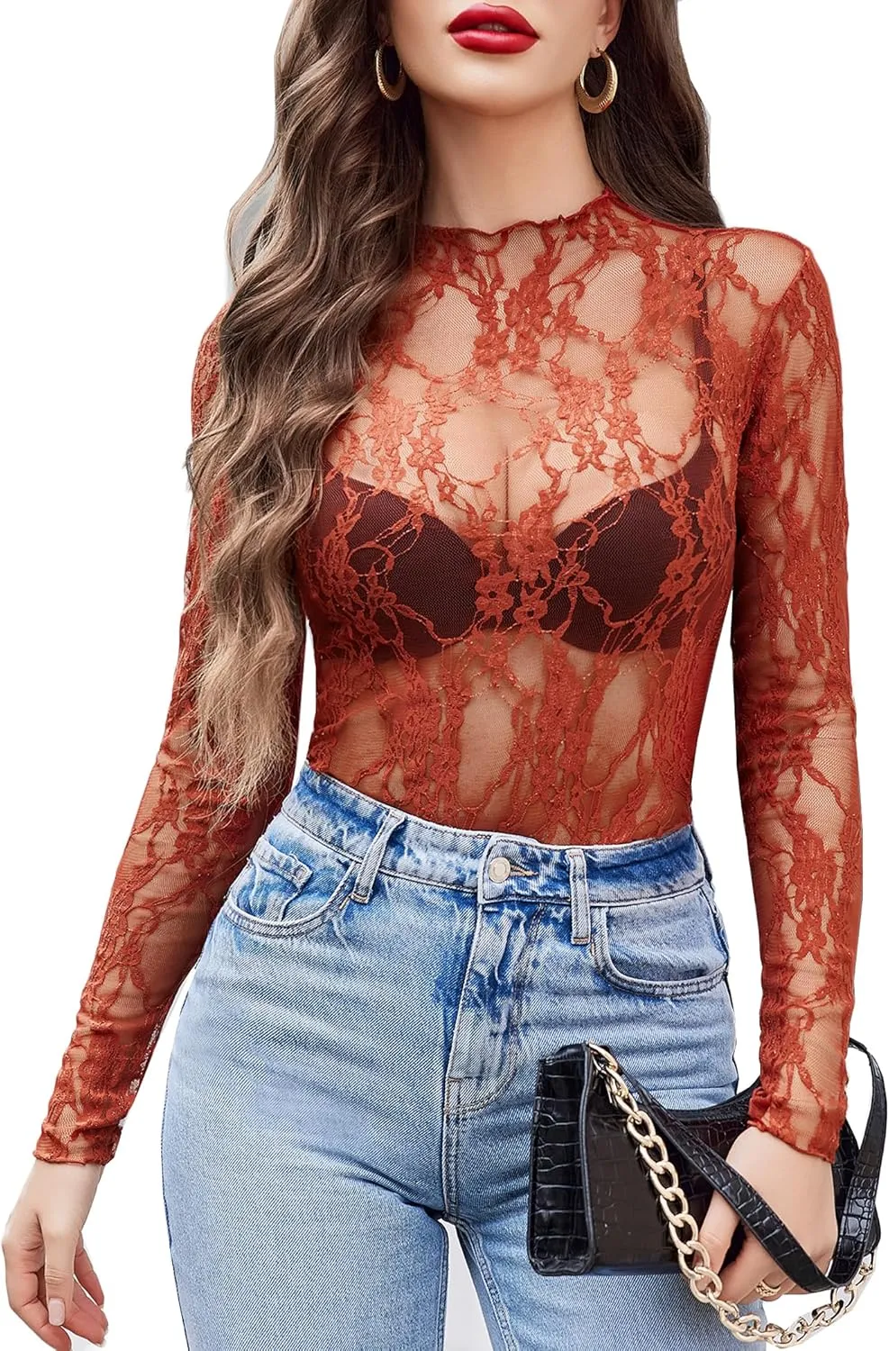 Avidlove Women's Mesh Top Long Sleeve Mock Neck Sheer Blouse See Through Floral Lace Tops