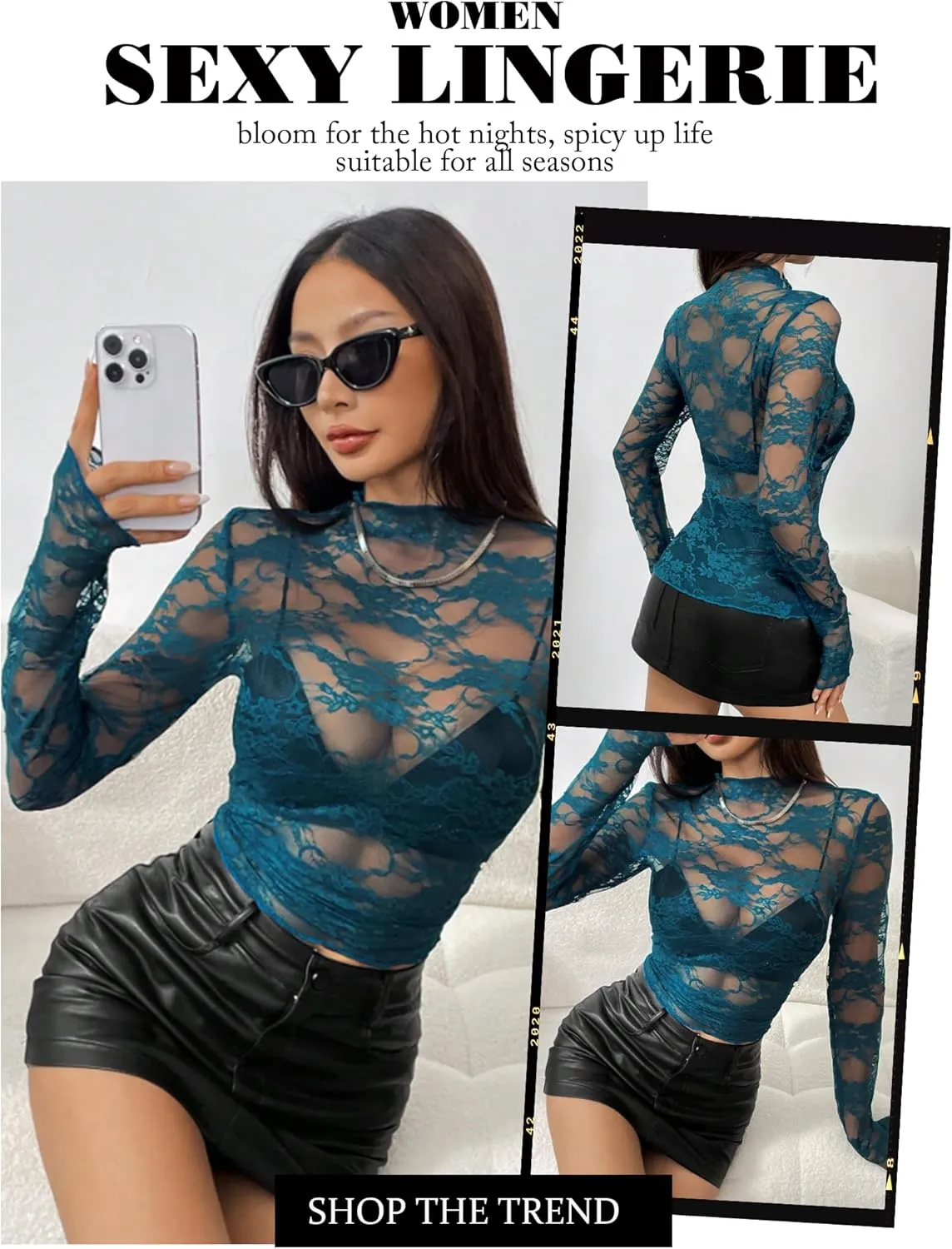 Avidlove Women's Mesh Top Long Sleeve Mock Neck Sheer Blouse See Through Floral Lace Tops