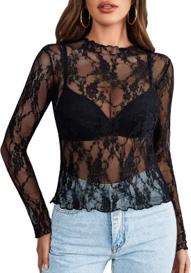 Avidlove Women's Mesh Top Long Sleeve Mock Neck Sheer Blouse See Through Floral Lace Tops
