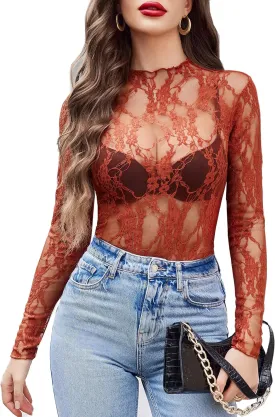 Avidlove Women's Mesh Top Long Sleeve Mock Neck Sheer Blouse See Through Floral Lace Tops