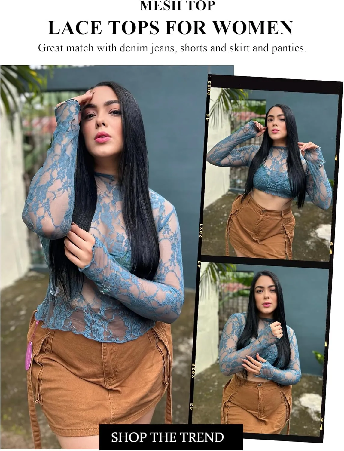 Avidlove Women's Mesh Top Long Sleeve Mock Neck Sheer Blouse See Through Floral Lace Tops