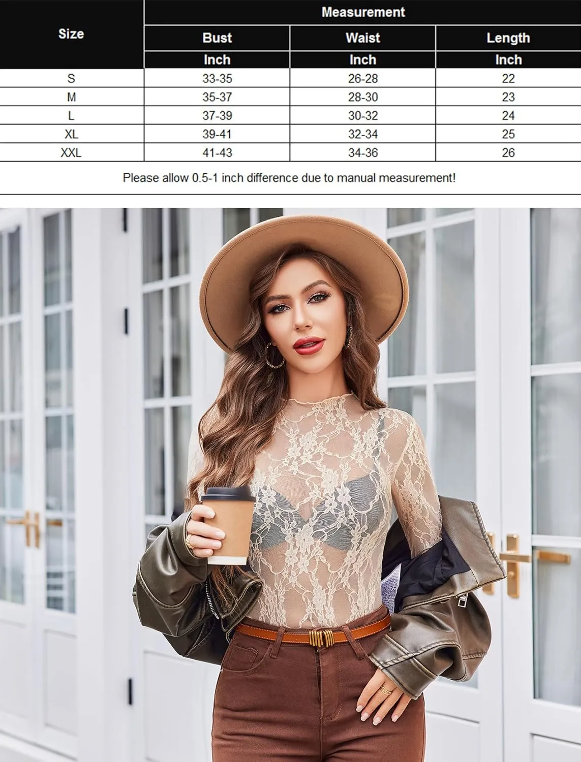 Avidlove Women's Mesh Top Long Sleeve Mock Neck Sheer Blouse See Through Floral Lace Tops