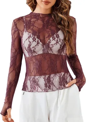 Avidlove Women's Mesh Top Long Sleeve Mock Neck Sheer Blouse See Through Floral Lace Tops
