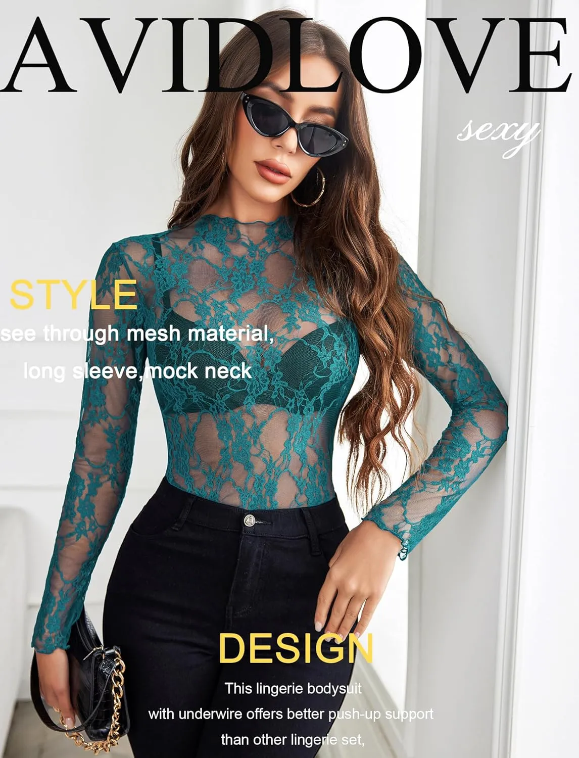Avidlove Women's Mesh Top Long Sleeve Mock Neck Sheer Blouse See Through Floral Lace Tops