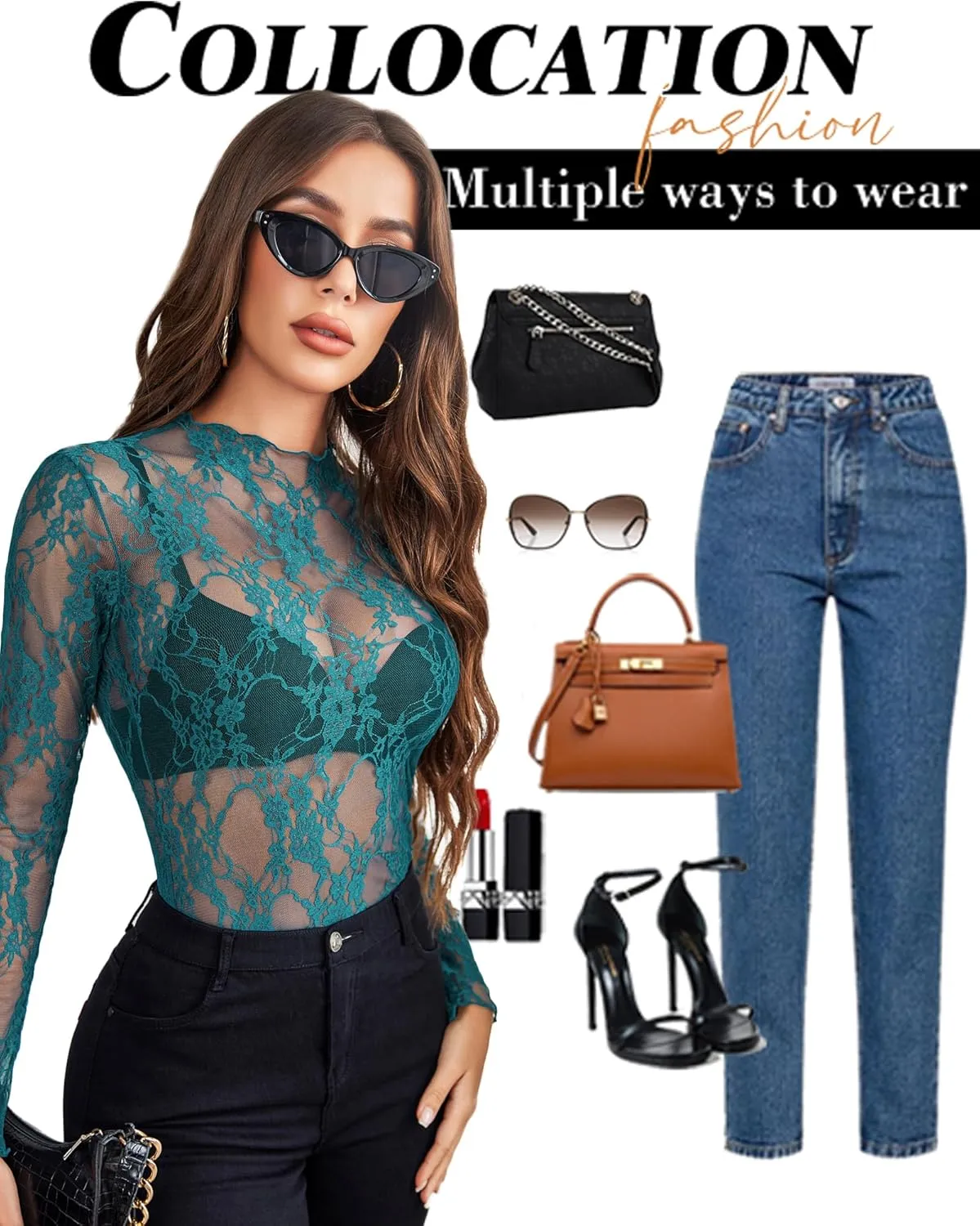 Avidlove Women's Mesh Top Long Sleeve Mock Neck Sheer Blouse See Through Floral Lace Tops