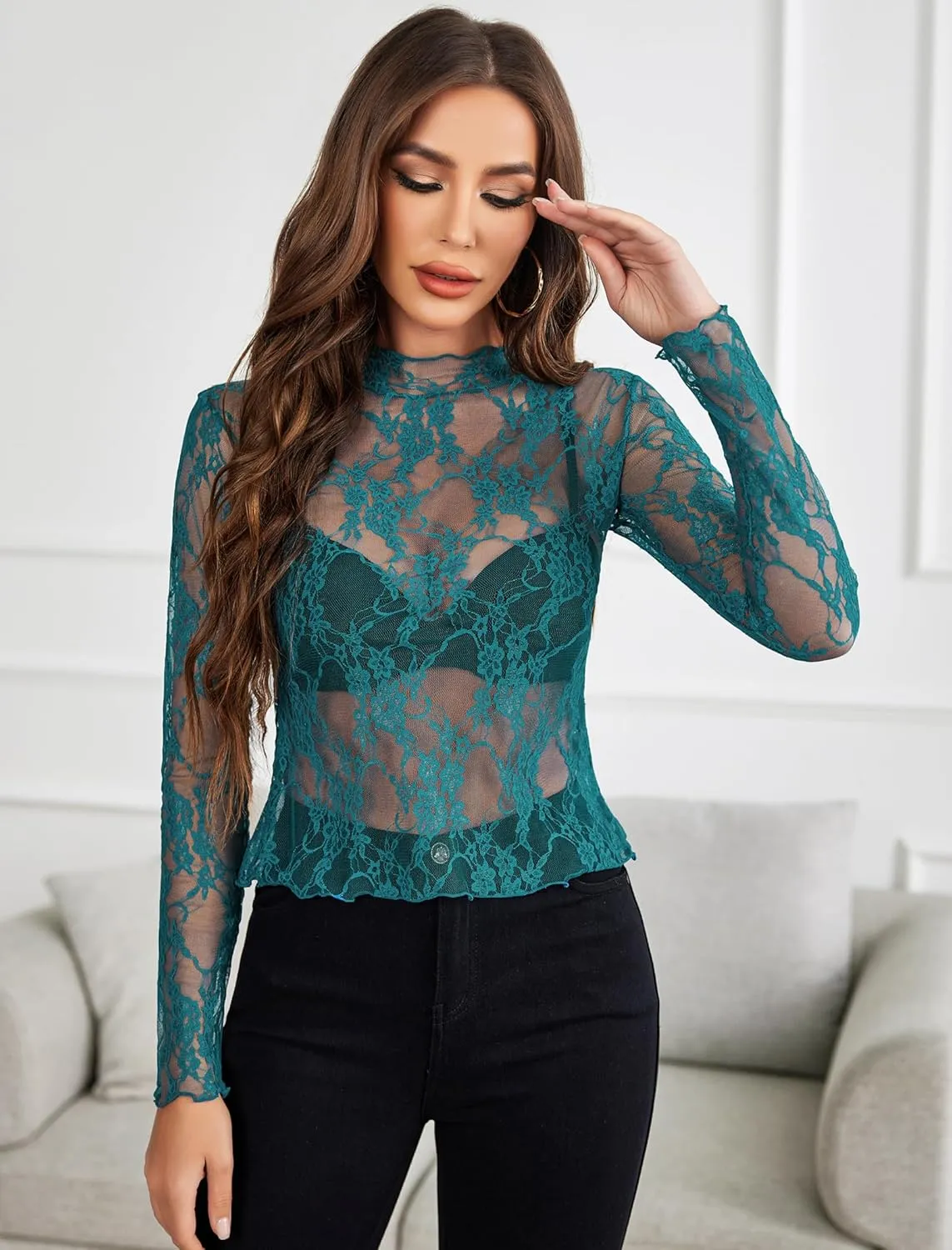 Avidlove Women's Mesh Top Long Sleeve Mock Neck Sheer Blouse See Through Floral Lace Tops