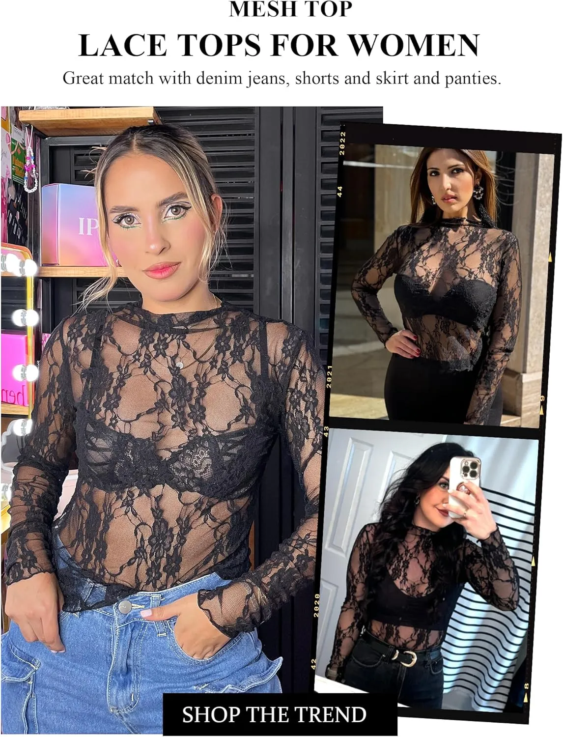 Avidlove Women's Mesh Top Long Sleeve Mock Neck Sheer Blouse See Through Floral Lace Tops