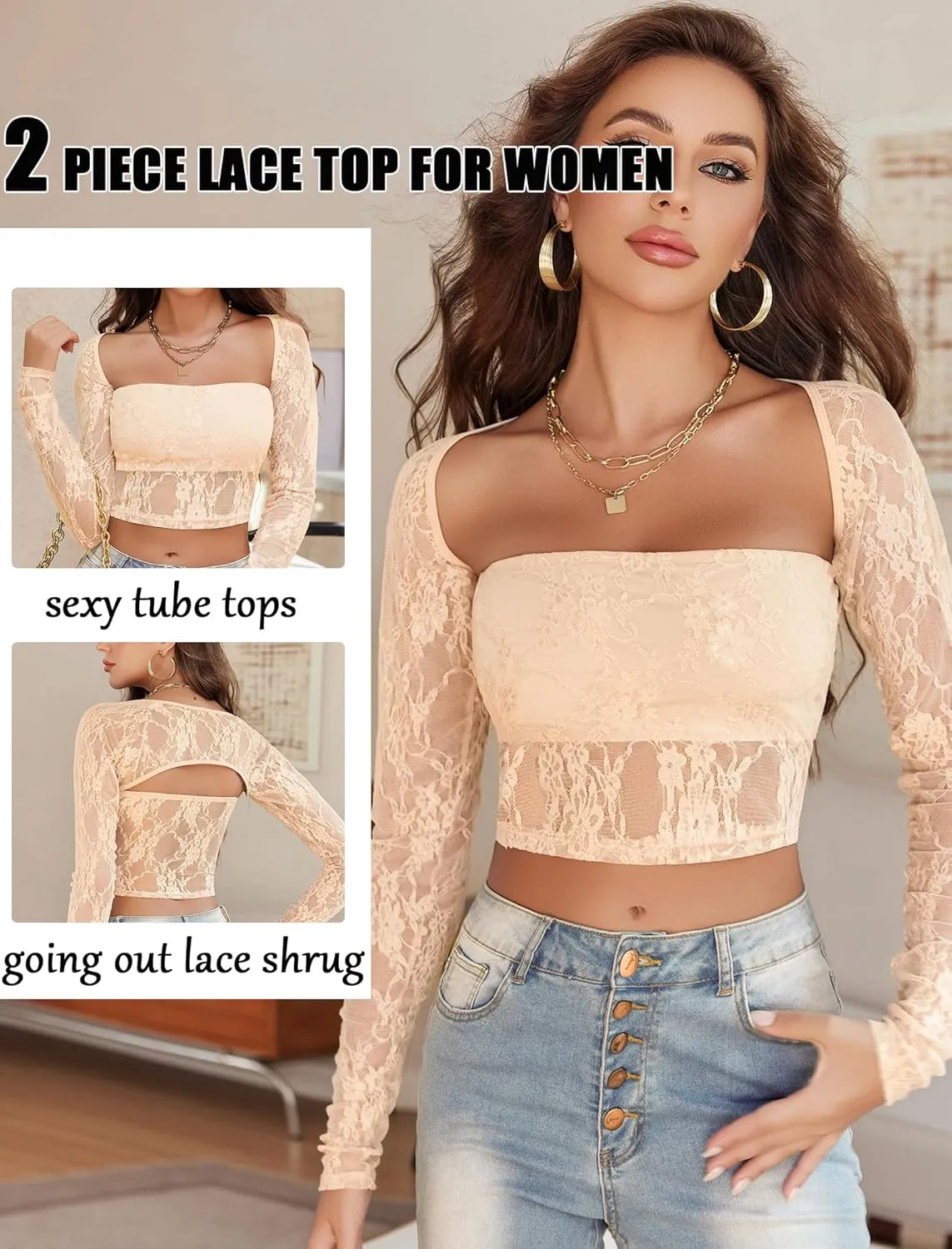 Avidlove Women's Mesh Tops Lace Long Sleeve Going Out Tops Square Neck Crop Top Shirt Strapless Tube Top and Bolero Set