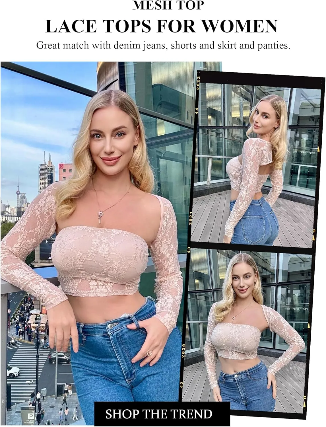 Avidlove Women's Mesh Tops Lace Long Sleeve Going Out Tops Square Neck Crop Top Shirt Strapless Tube Top and Bolero Set
