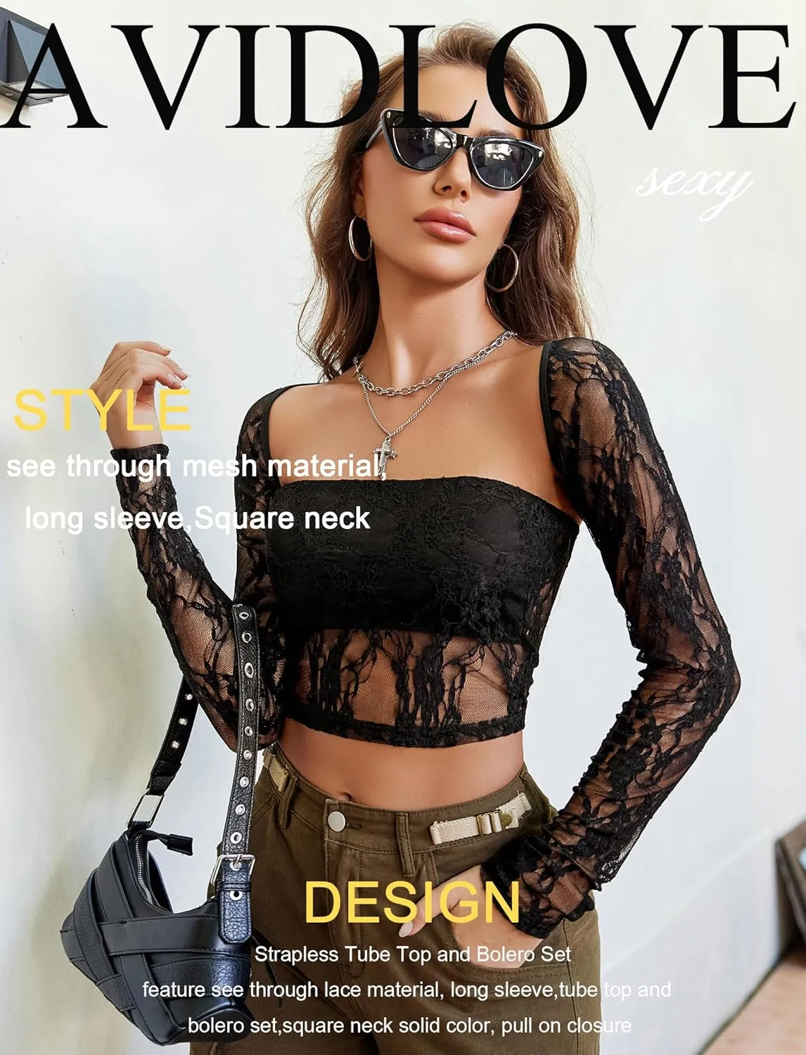 Avidlove Women's Mesh Tops Lace Long Sleeve Going Out Tops Square Neck Crop Top Shirt Strapless Tube Top and Bolero Set