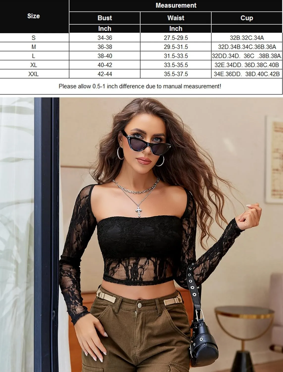Avidlove Women's Mesh Tops Lace Long Sleeve Going Out Tops Square Neck Crop Top Shirt Strapless Tube Top and Bolero Set