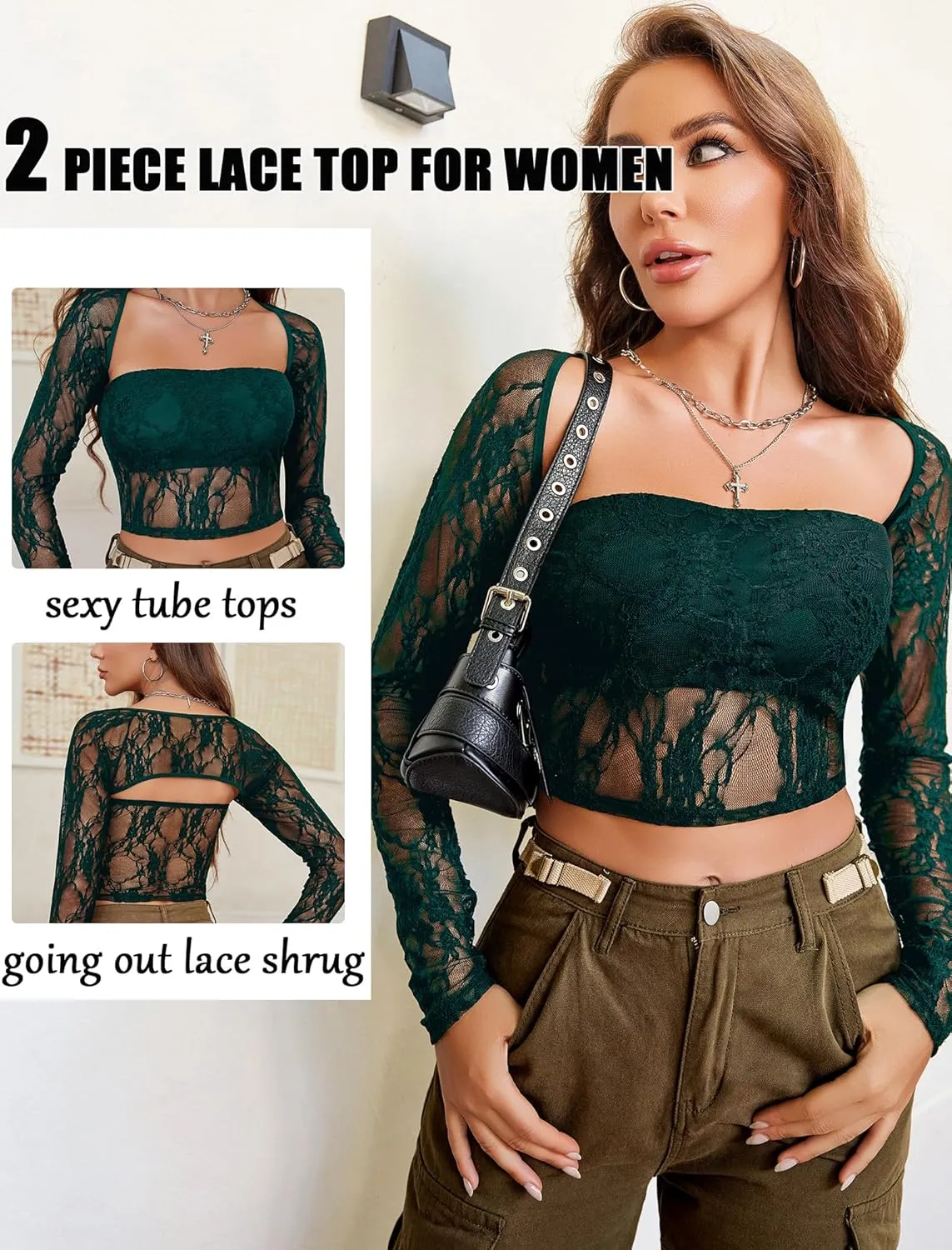 Avidlove Women's Mesh Tops Lace Long Sleeve Going Out Tops Square Neck Crop Top Shirt Strapless Tube Top and Bolero Set