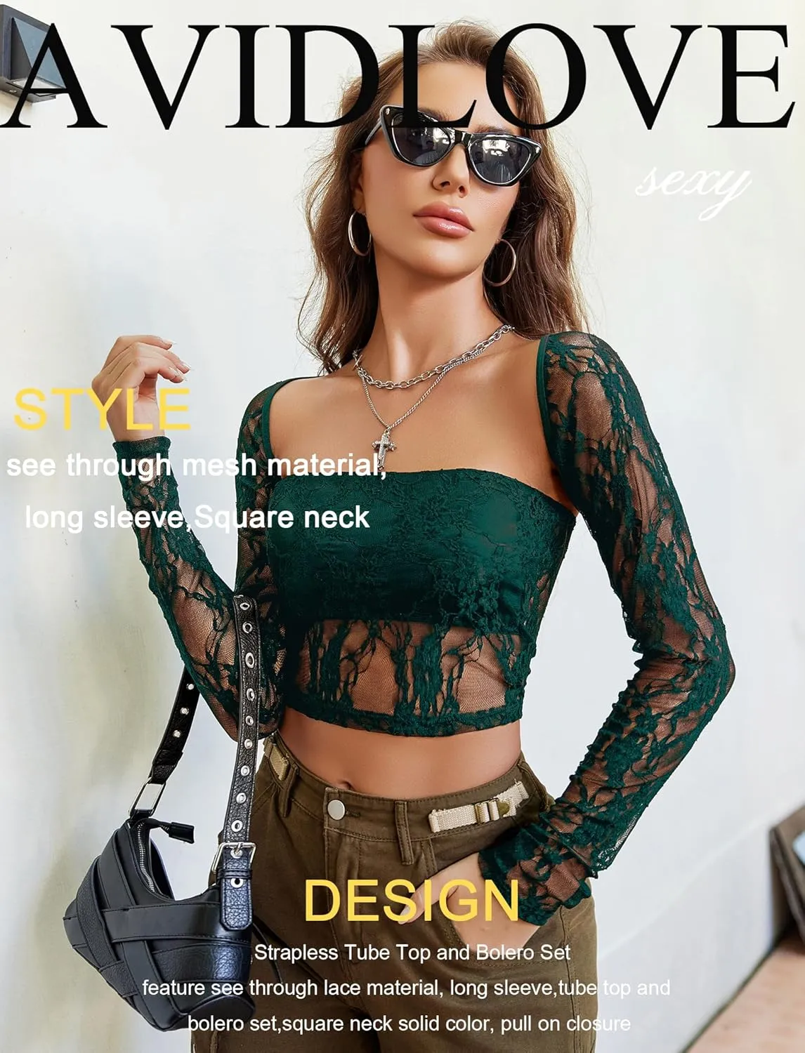 Avidlove Women's Mesh Tops Lace Long Sleeve Going Out Tops Square Neck Crop Top Shirt Strapless Tube Top and Bolero Set