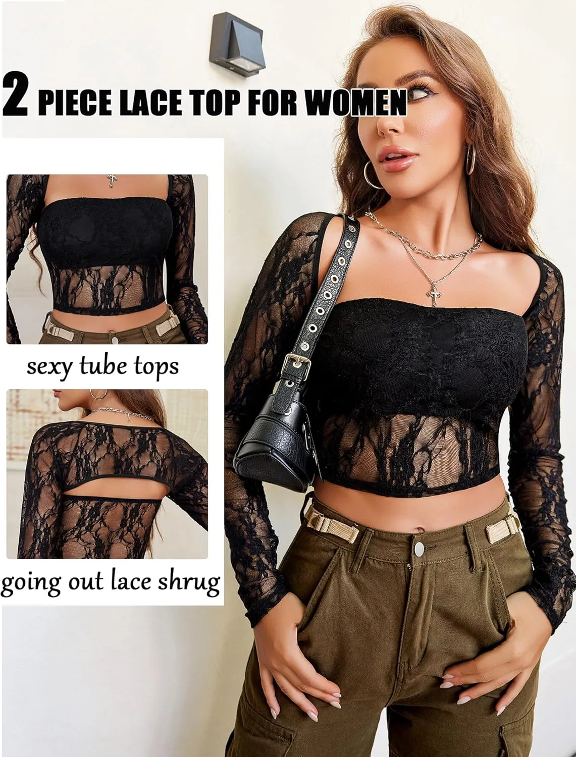 Avidlove Women's Mesh Tops Lace Long Sleeve Going Out Tops Square Neck Crop Top Shirt Strapless Tube Top and Bolero Set