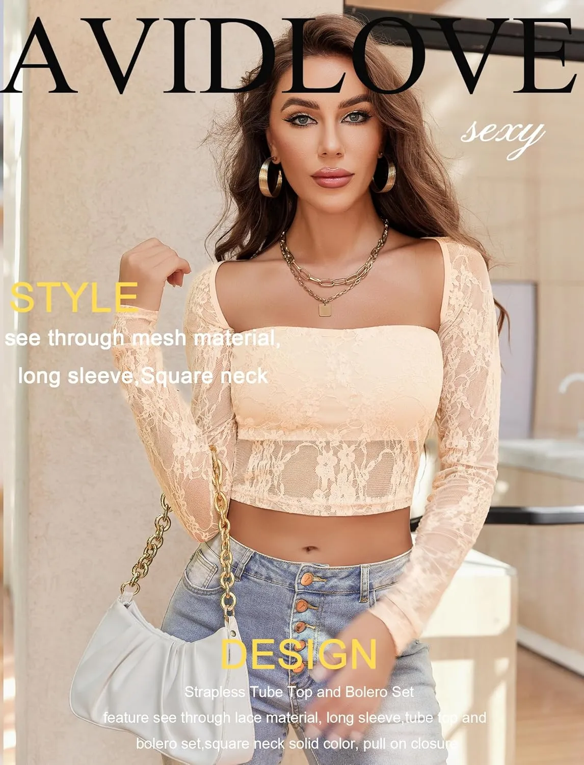Avidlove Women's Mesh Tops Lace Long Sleeve Going Out Tops Square Neck Crop Top Shirt Strapless Tube Top and Bolero Set