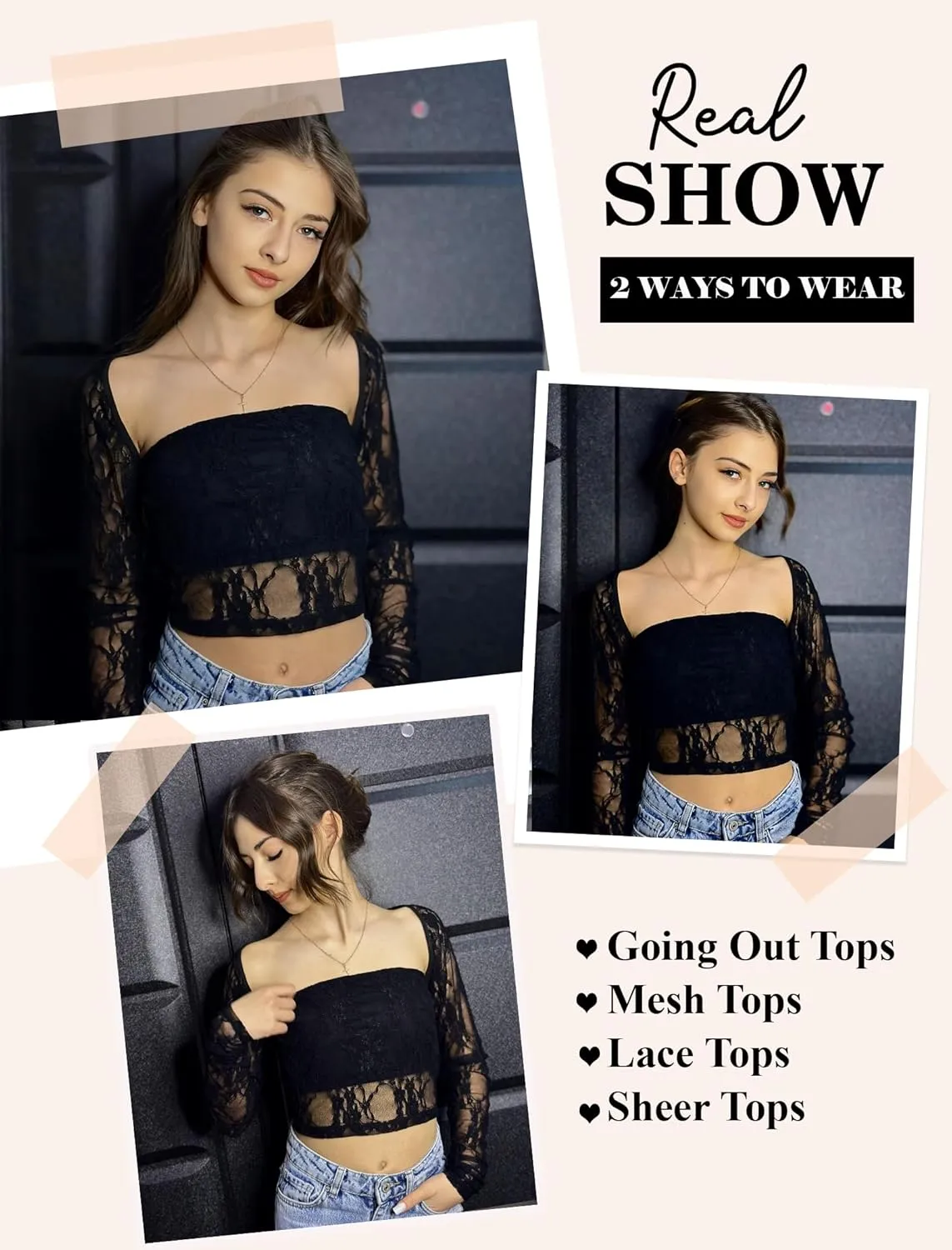 Avidlove Women's Mesh Tops Lace Long Sleeve Going Out Tops Square Neck Crop Top Shirt Strapless Tube Top and Bolero Set