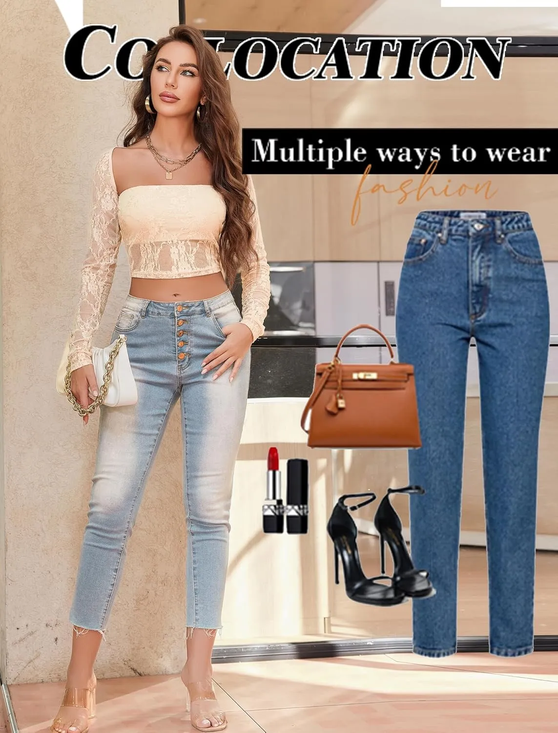 Avidlove Women's Mesh Tops Lace Long Sleeve Going Out Tops Square Neck Crop Top Shirt Strapless Tube Top and Bolero Set