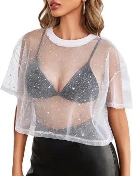 Avidlove Women's Mesh Tops See Through Shirts Short Sleeve Printed Crop Top Sheer Blouse Clubwear S-XXL
