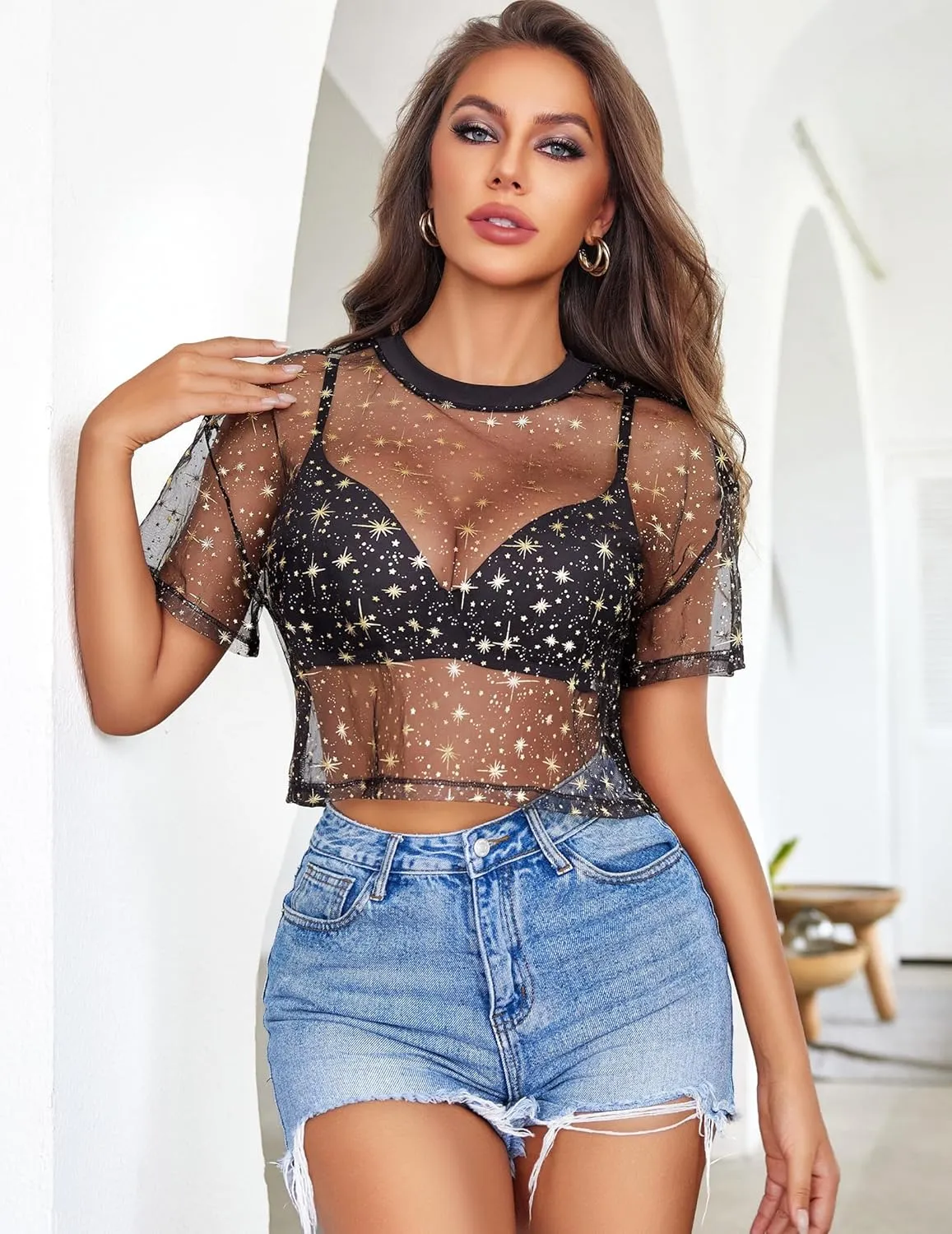 Avidlove Women's Mesh Tops See Through Shirts Short Sleeve Printed Crop Top Sheer Blouse Clubwear S-XXL