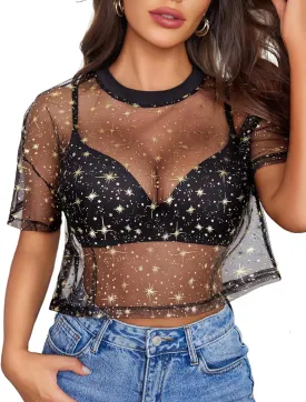 Avidlove Women's Mesh Tops See Through Shirts Short Sleeve Printed Crop Top Sheer Blouse Clubwear S-XXL