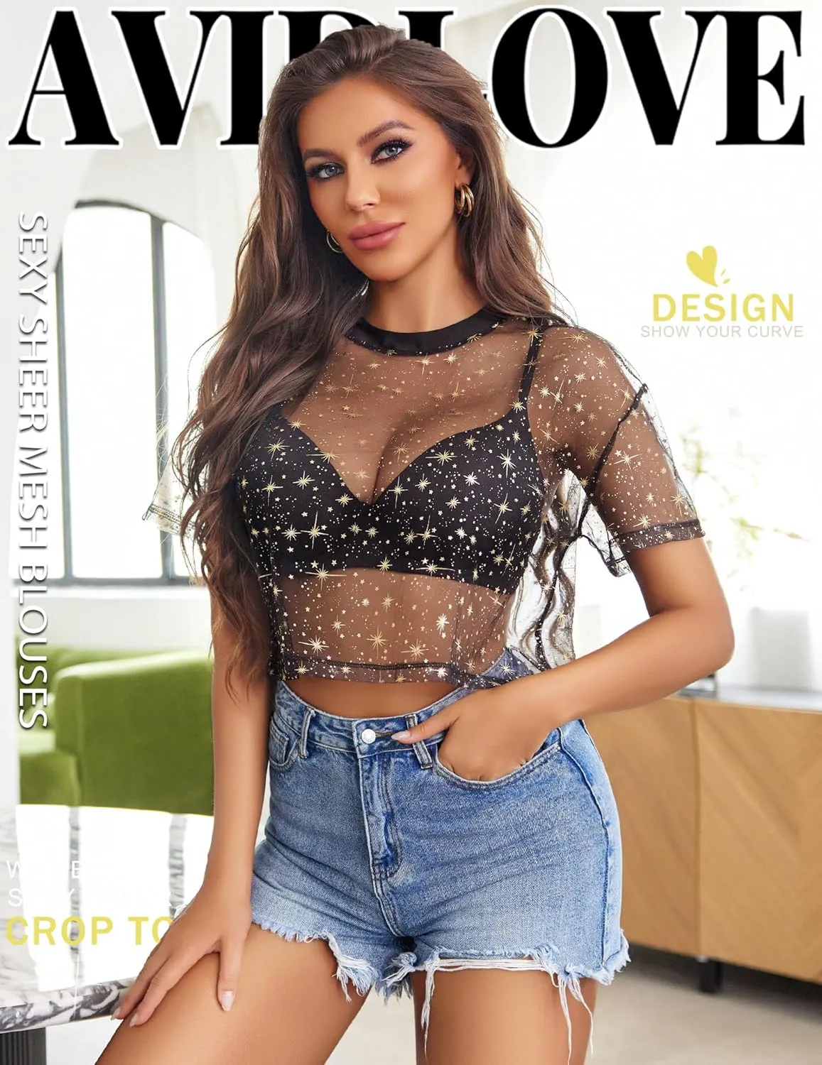 Avidlove Women's Mesh Tops See Through Shirts Short Sleeve Printed Crop Top Sheer Blouse Clubwear S-XXL