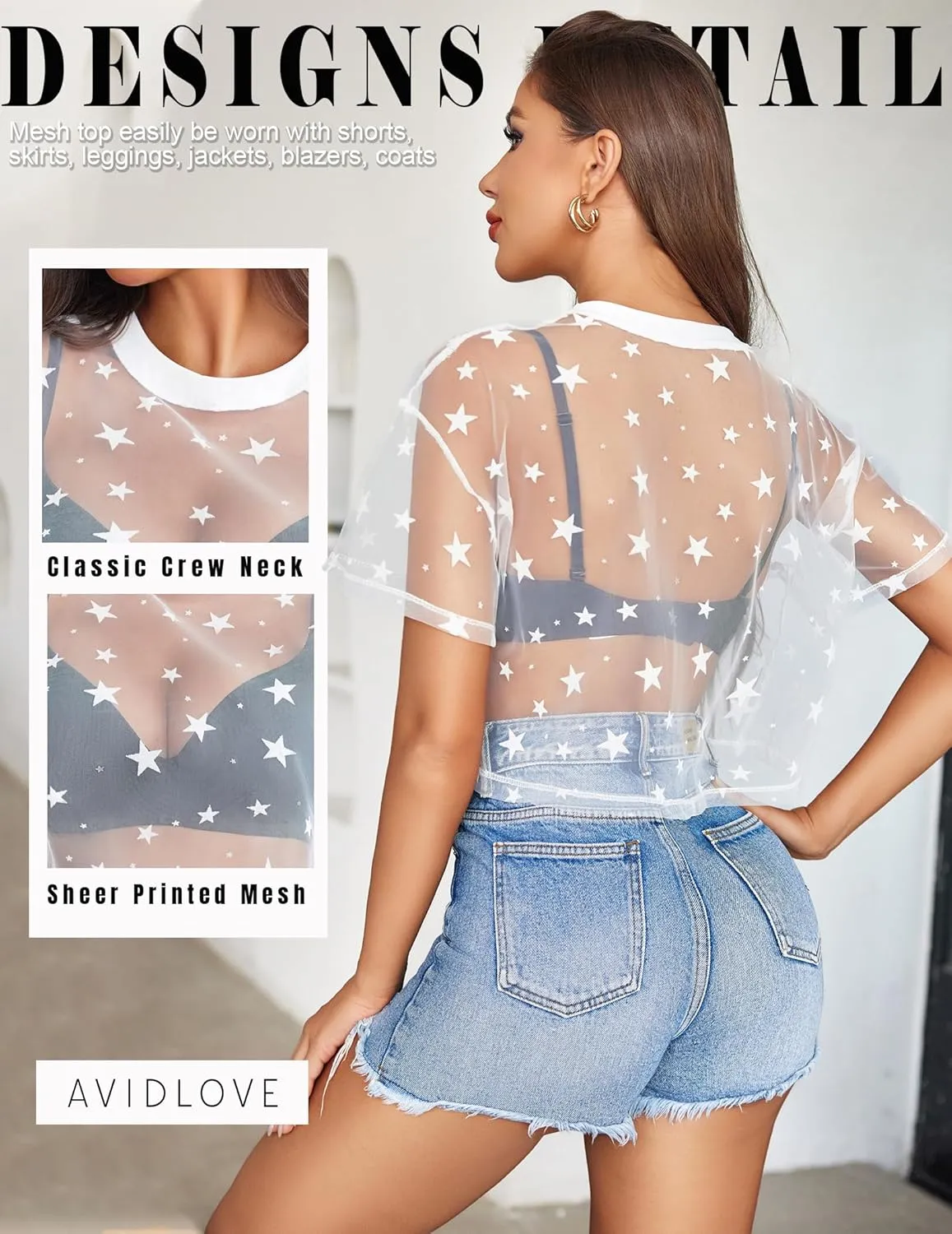 Avidlove Women's Mesh Tops See Through Shirts Short Sleeve Printed Crop Top Sheer Blouse Clubwear S-XXL