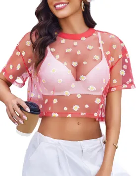 Avidlove Women's Mesh Tops See Through Shirts Short Sleeve Printed Crop Top Sheer Blouse Clubwear S-XXL